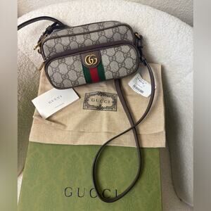 Gucci Beige and Brown Crossbody Bag with Green and Red Stripe